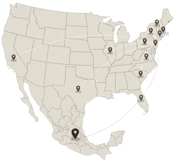 Map of the United States and Mexico with pins showing where River Haze Ragdoll kittens now live